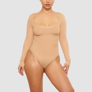 SKIMS TAN JELLY SHEER LONG SLEEVE BODYSUIT/ CLAY